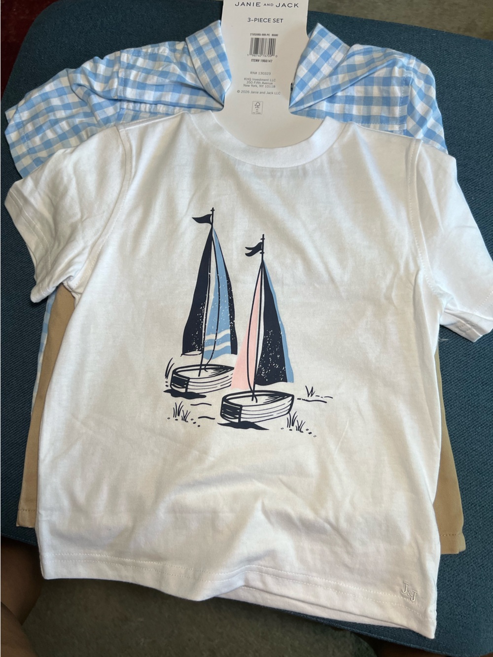 3 pieces Janie and Jack White Tee with Navy and Soft Pink Sailboat Graphic